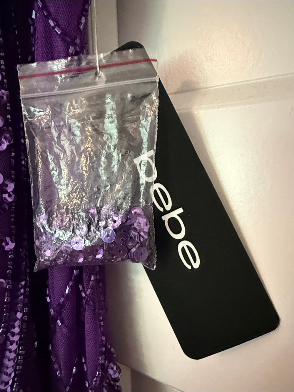 bebe Purple Beaded Spaghetti Strap Prom Gown - Picture 6 of 11